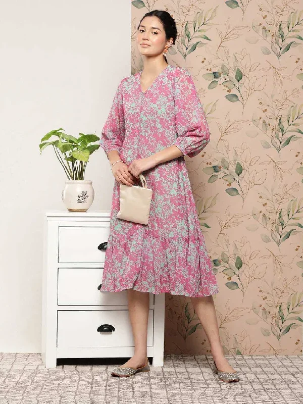 Pink Georgette Floral A-line Western Dress