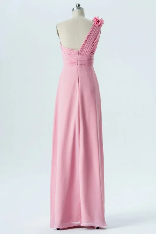 pink-one-shoulder-flower-bridesmaid-dress