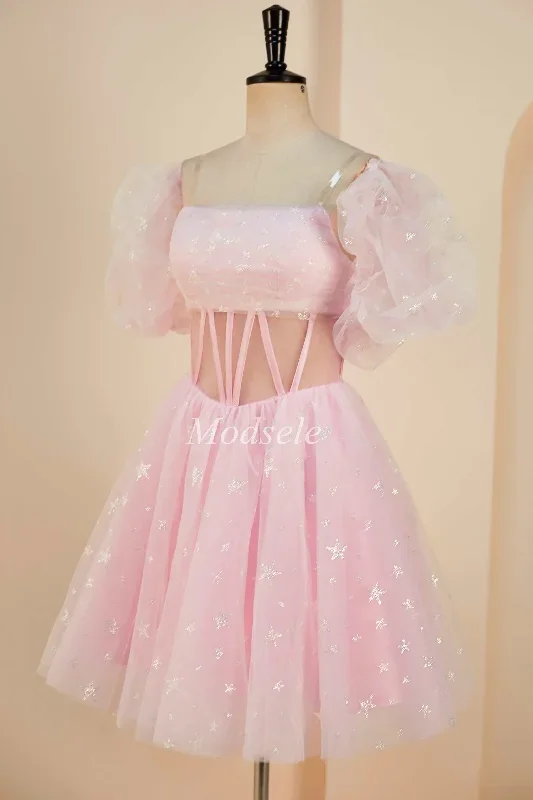 pink-tulle-strapless-a-line-short-dress-with-balloon-sleeves