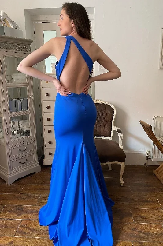 pleated-one-shoulder-royal-blue-mermaid-bridesmaid-dress