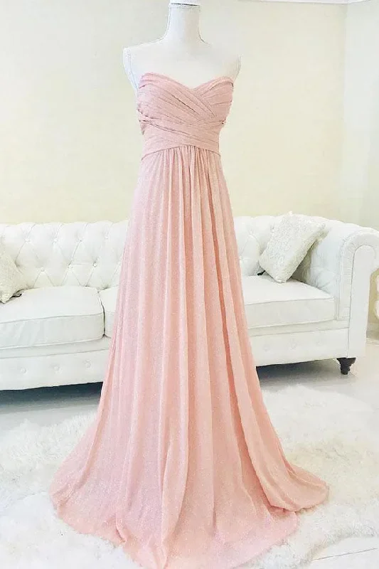 Sweetheart Pleated Pink Chiffon Long Bridesmaid Dress