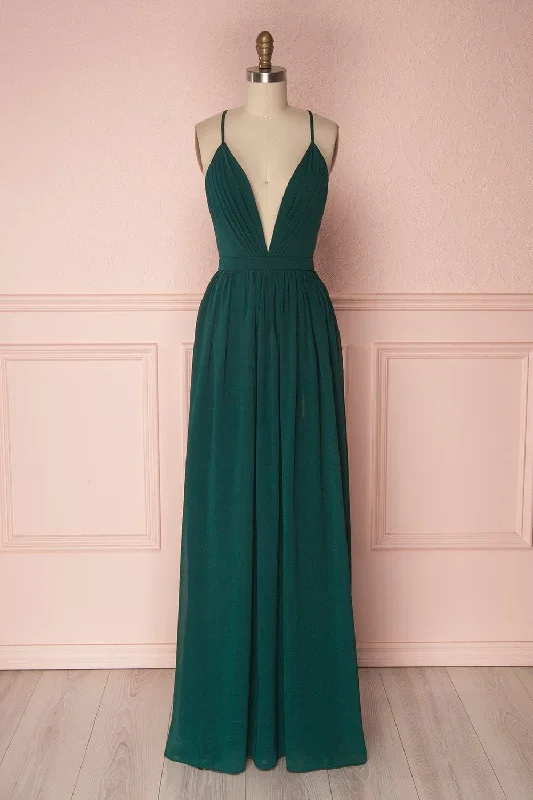 plunging-neck-a-line-dark-green-bridesmaid-dress