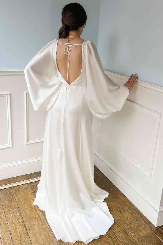 plunging-v-neck-backless-ivory-wedding-dress-with-sleeves