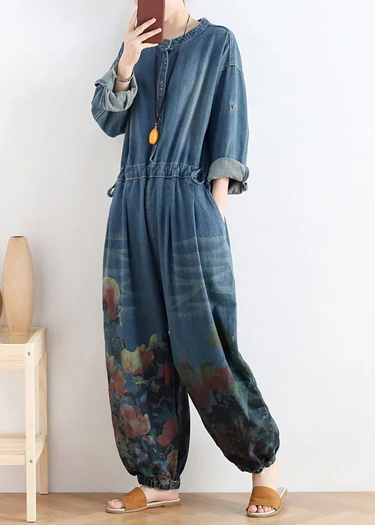 plus-size-blue-o-neck-button-floral-cotton-denim-jumpsuit-long-sleeve