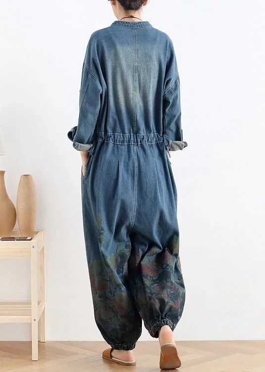 plus-size-blue-o-neck-button-floral-cotton-denim-jumpsuit-long-sleeve