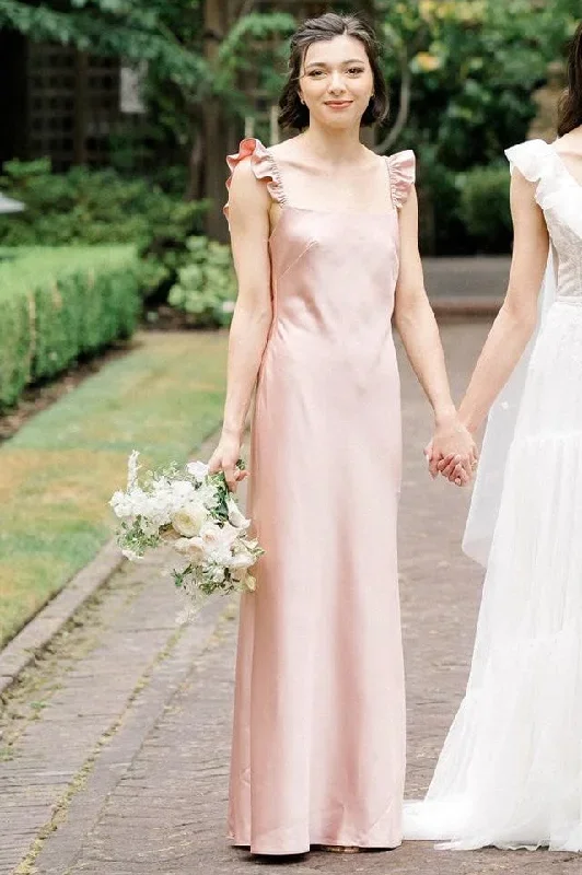 Plush Pink Flutter Sleeve Backless Long Dress