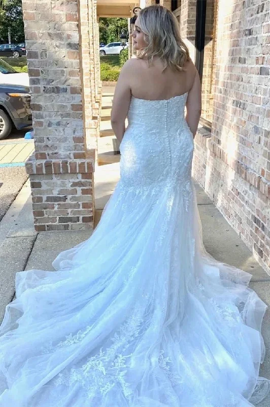 pure-white-applique-strapless-mermaid-long-wedding-dress