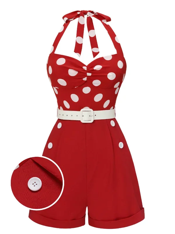 [Pre-Sale] Red 1950s Polka Dots Patchwork Halter Romper