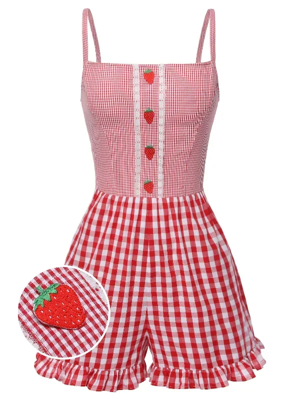 [Pre-Sale] Red 1950s Strawberry Plaid Suspender Romper