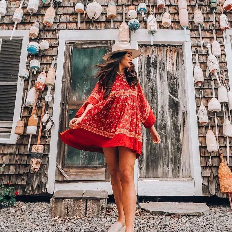 Red Floral Print Kimono Sleeve Mini Dress