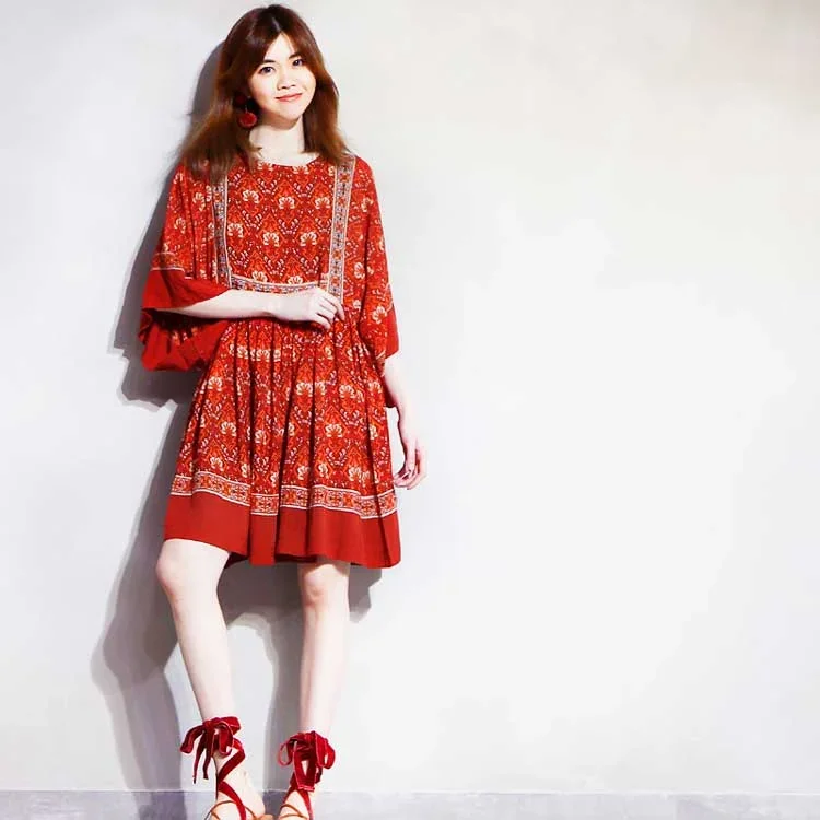 red-floral-print-kimono-sleeve-mini-dress