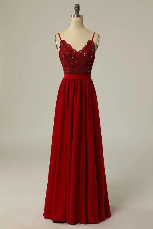 Red Lace Straps Banded Waist Bridesmaid Dress