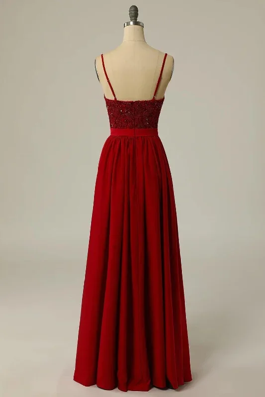 red-lace-straps-banded-waist-bridesmaid-dress