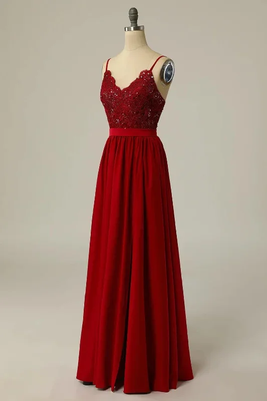 red-lace-straps-banded-waist-bridesmaid-dress