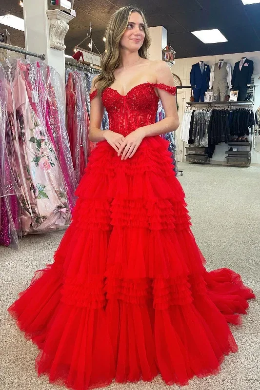 Red Tulle Off-the-Shoulder Ruffle Tiered Long Prom Dress