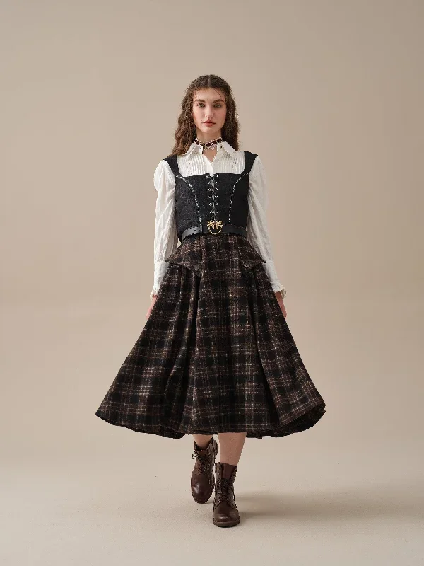 retro-plaid-midi-wool-skirt-brown-wool-skirt-vintage-wool-skirt-elegant-skirt-pockets-wool-skirt-handmade-skirts-linennaive