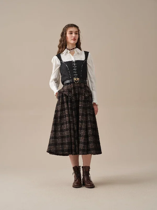 retro-plaid-midi-wool-skirt-brown-wool-skirt-vintage-wool-skirt-elegant-skirt-pockets-wool-skirt-handmade-skirts-linennaive