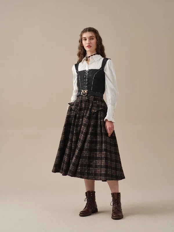 retro-plaid-midi-wool-skirt-brown-wool-skirt-vintage-wool-skirt-elegant-skirt-pockets-wool-skirt-handmade-skirts-linennaive