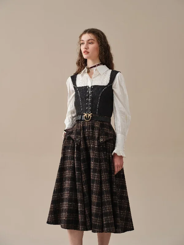 retro-plaid-midi-wool-skirt-brown-wool-skirt-vintage-wool-skirt-elegant-skirt-pockets-wool-skirt-handmade-skirts-linennaive