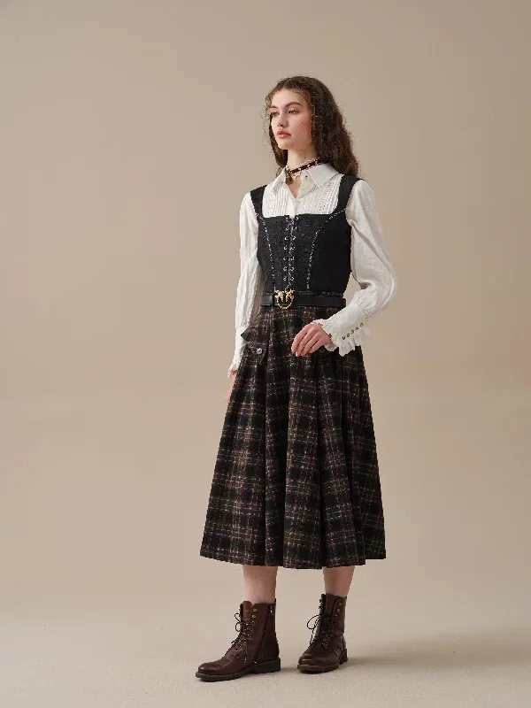 retro-plaid-midi-wool-skirt-brown-wool-skirt-vintage-wool-skirt-elegant-skirt-pockets-wool-skirt-handmade-skirts-linennaive