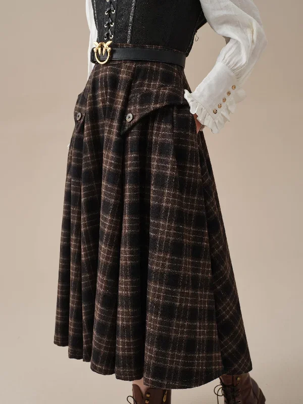 retro-plaid-midi-wool-skirt-brown-wool-skirt-vintage-wool-skirt-elegant-skirt-pockets-wool-skirt-handmade-skirts-linennaive