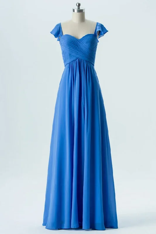 Cobalt Blue Chiffon Sweetheart Bridesmaid Dress with Cap Sleeves