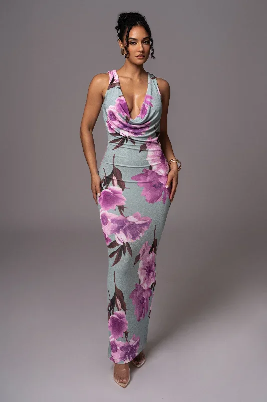 Sage Floral Slinky Highlights Cowl Neck Maxi Dress