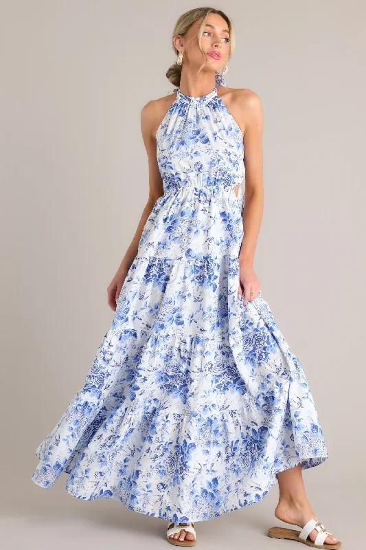 Secret Garden White & Blue Floral Halter Maxi Dress