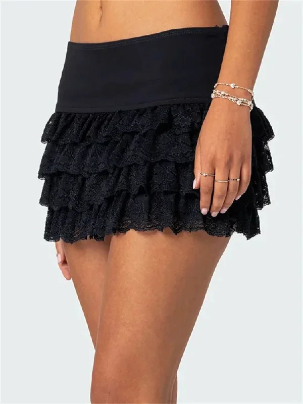 short-mini-casual-low-waist-solid-color-lace-layered-ruffles-summer-party-clubwear-skirts