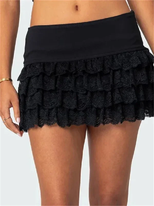 short-mini-casual-low-waist-solid-color-lace-layered-ruffles-summer-party-clubwear-skirts