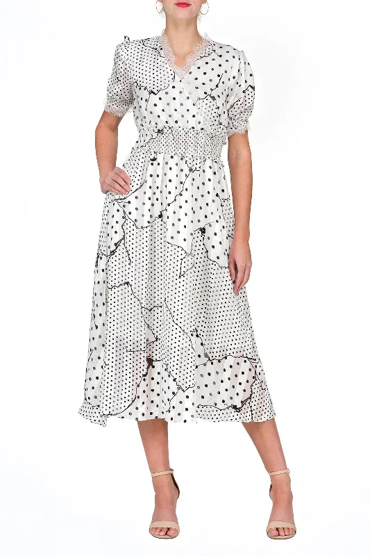 TWO PEARS-Short Sleeve Dot Print V-neck Elastic Waist Fit & Flare Dress