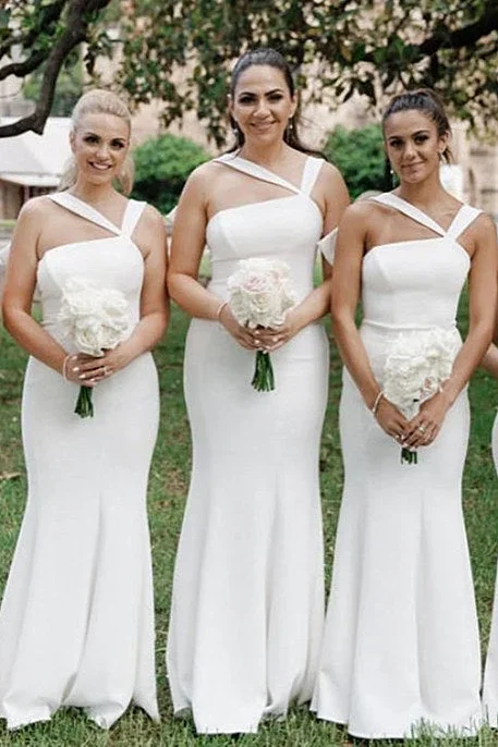 Simple Backless White Mermaid Long Bridesmaid Dress