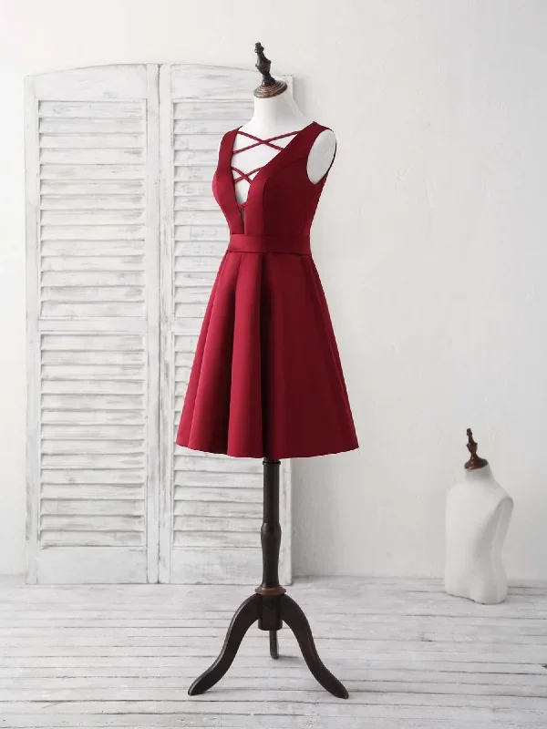 simple-v-neck-burgundy-short-prom-dress-satin-homecoming-dress