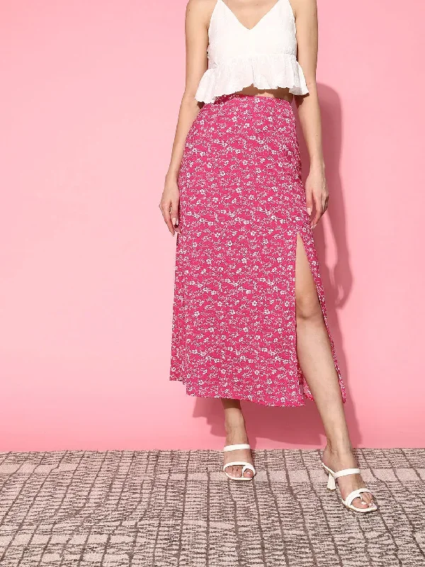 Berrylush Women Pink & White Floral Printed High-Rise Waist Side-Slit Flared A-Line Maxi Skirt