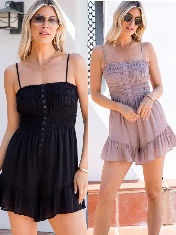 SMOCKED ROMPER - BLACK OR TAUPE