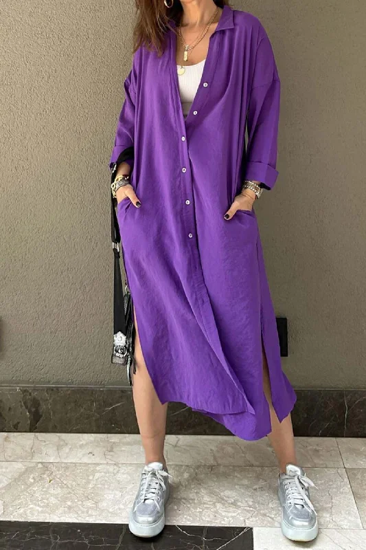 TastyHottie - Solid Color Single-breasted Slit Shirt Dress