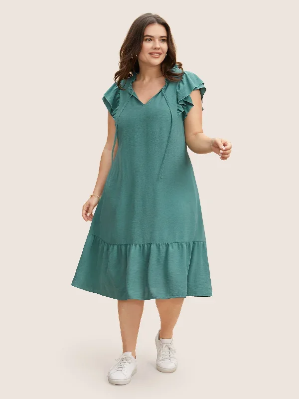 Solid Tiered Ruffles Tie Knot Midi Dress