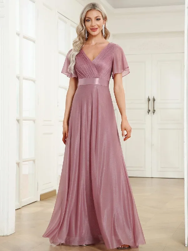 sparkling-short-sleeve-v-neck-ribbon-waist-a-line-evening-dress-ee50159