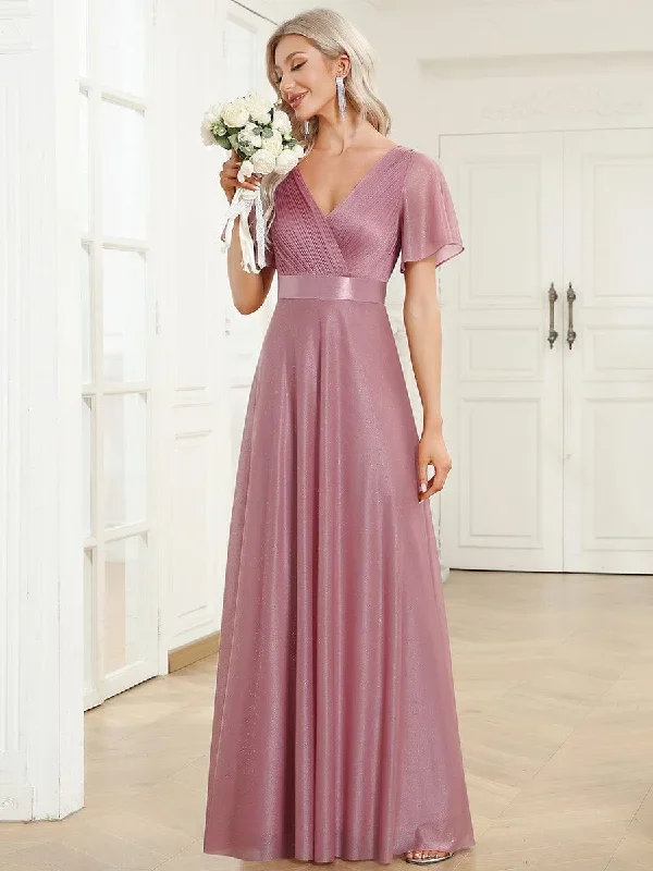 sparkling-short-sleeve-v-neck-ribbon-waist-a-line-evening-dress-ee50159