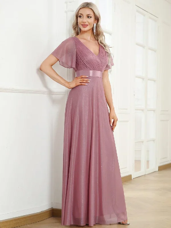 sparkling-short-sleeve-v-neck-ribbon-waist-a-line-evening-dress-ee50159