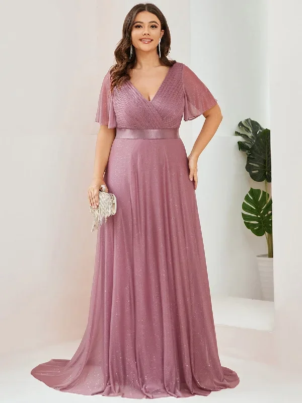 sparkling-short-sleeve-v-neck-ribbon-waist-a-line-evening-dress-ee50159