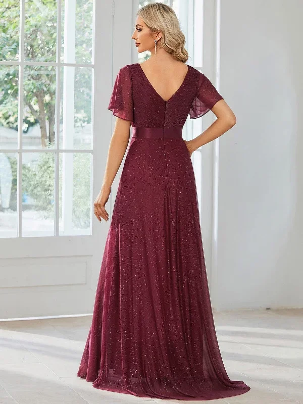 sparkling-short-sleeve-v-neck-ribbon-waist-a-line-evening-dress-ee50159