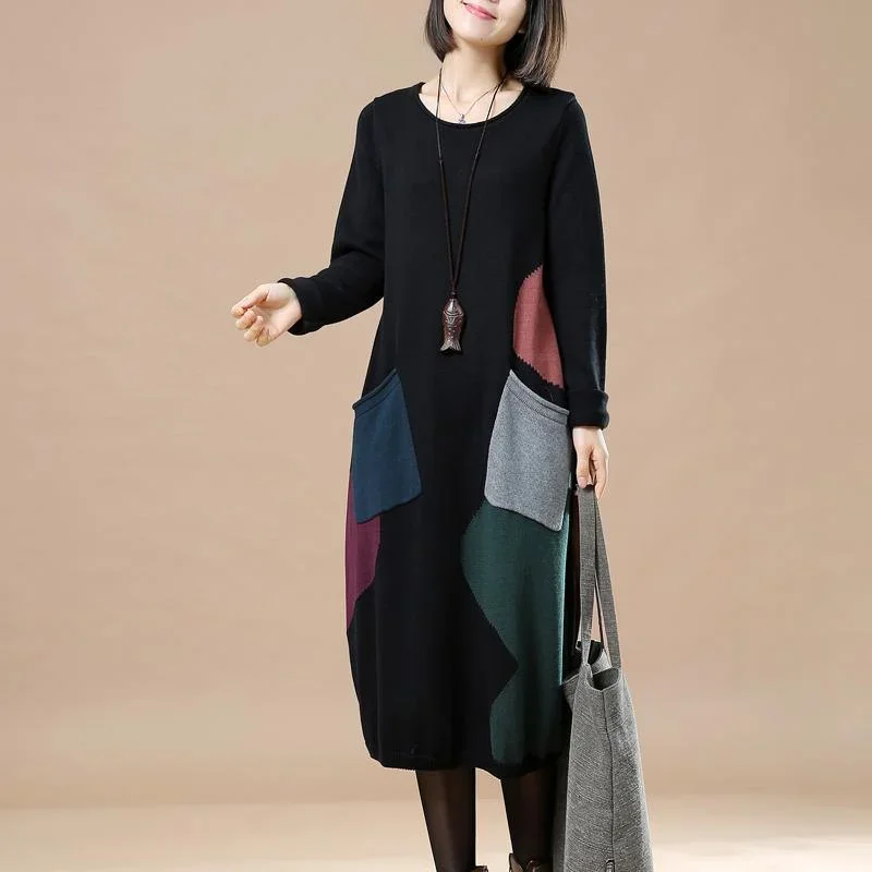 stylish black long sweaters dresses trendy plus size pullover casual  baggy pullover sweater patchwork