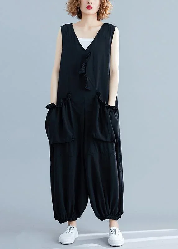 Stylish Black Pockets Summer Cotton Jumpsuit Women