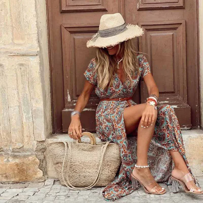 JuliaFashion - 2024 Summer Boho Long Dress Casual Paisley Print Belt Maxi Dress