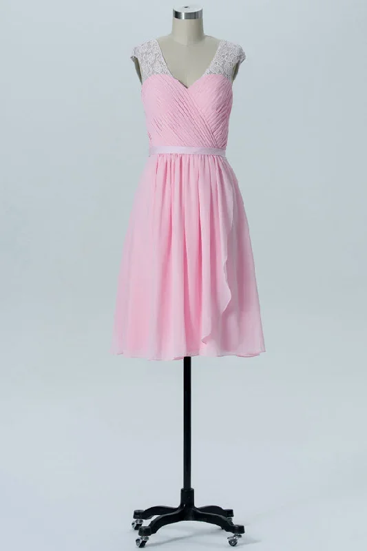 Sweet V-Neck Pink Lace Bridesmaid Dress with Cap Sleeves