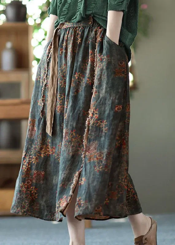 tea-green-pockets-print-linen-skirts-wrinkled-tie-waist-summer