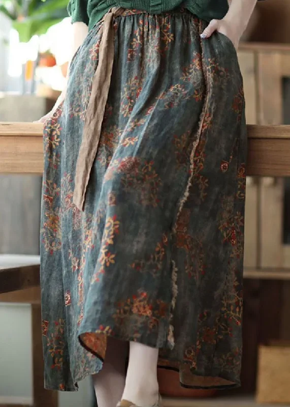 tea-green-pockets-print-linen-skirts-wrinkled-tie-waist-summer