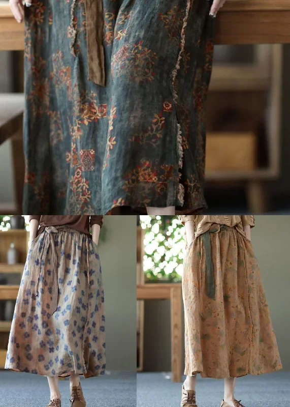 tea-green-pockets-print-linen-skirts-wrinkled-tie-waist-summer