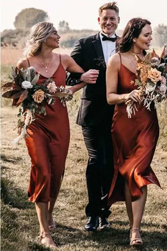 Tea-length Mermaid Straps Rust Bridesmaid Dress